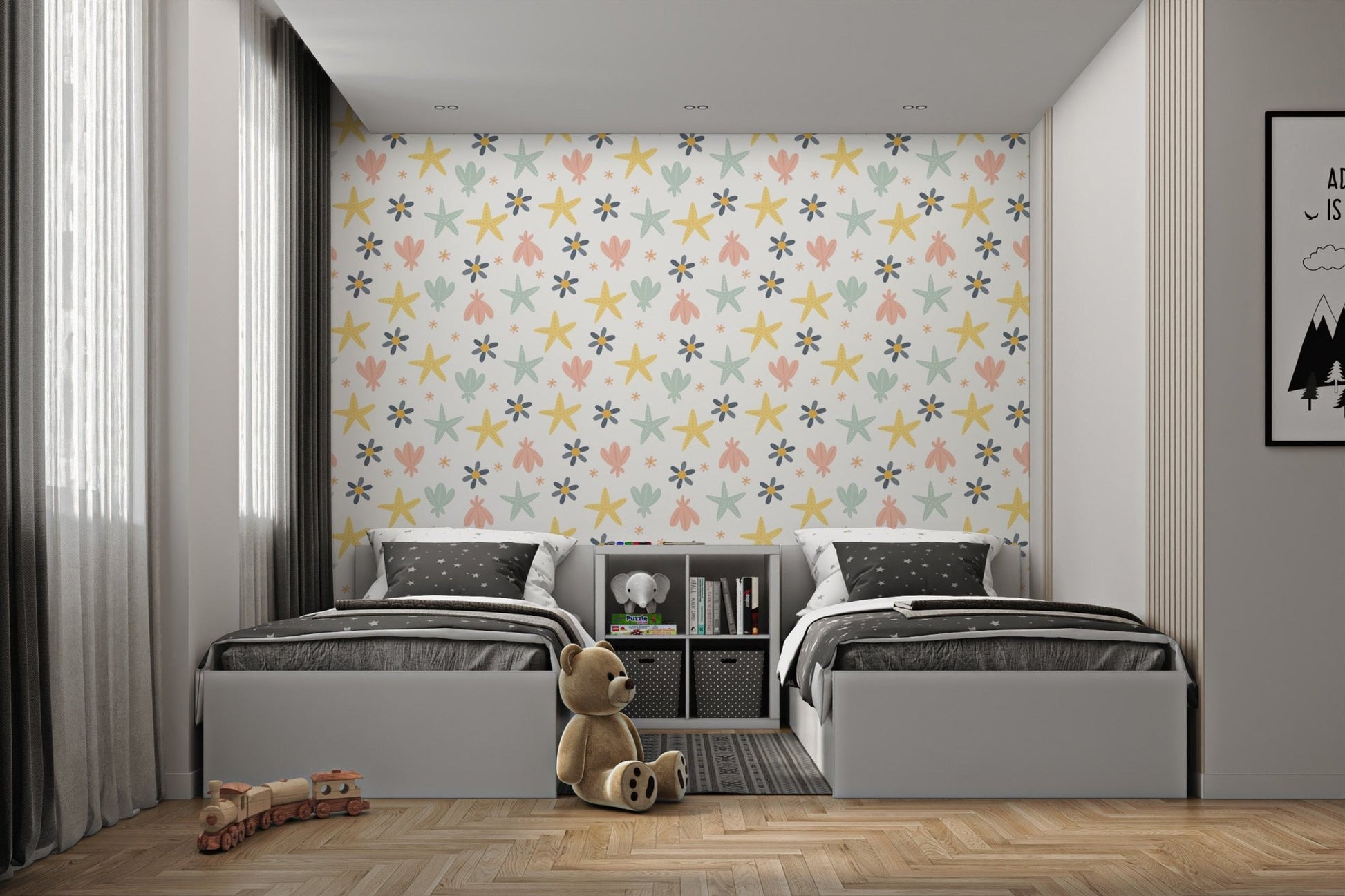 Yellow and pink starfish wallpaper for bright twin bedroom decoration.