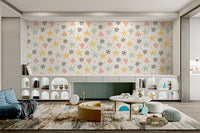 Light blue and pink starfish pattern wallpaper for nursery rooms.