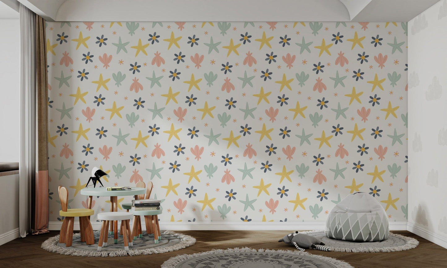 Pastel Starfish wallpaper featuring ocean elements for playrooms.