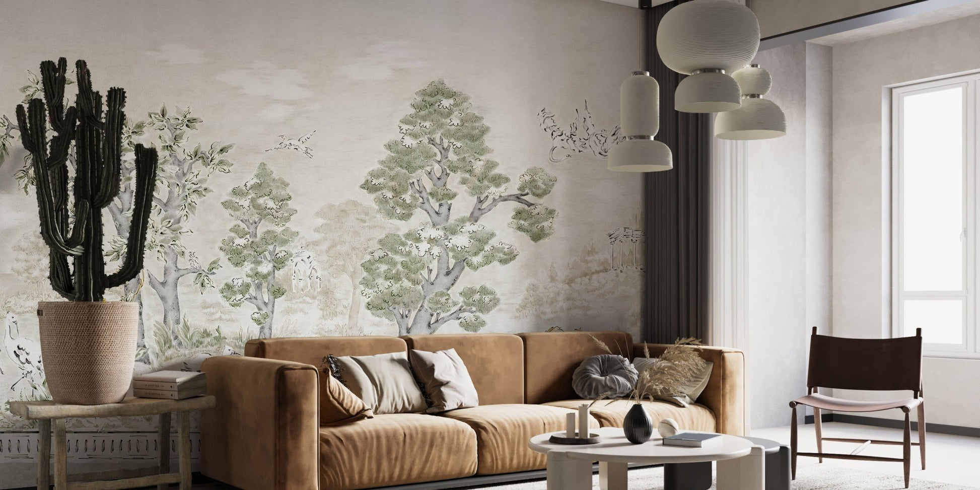 Pastel tree canopy wall mural featuring olive green trees in a tan living room.