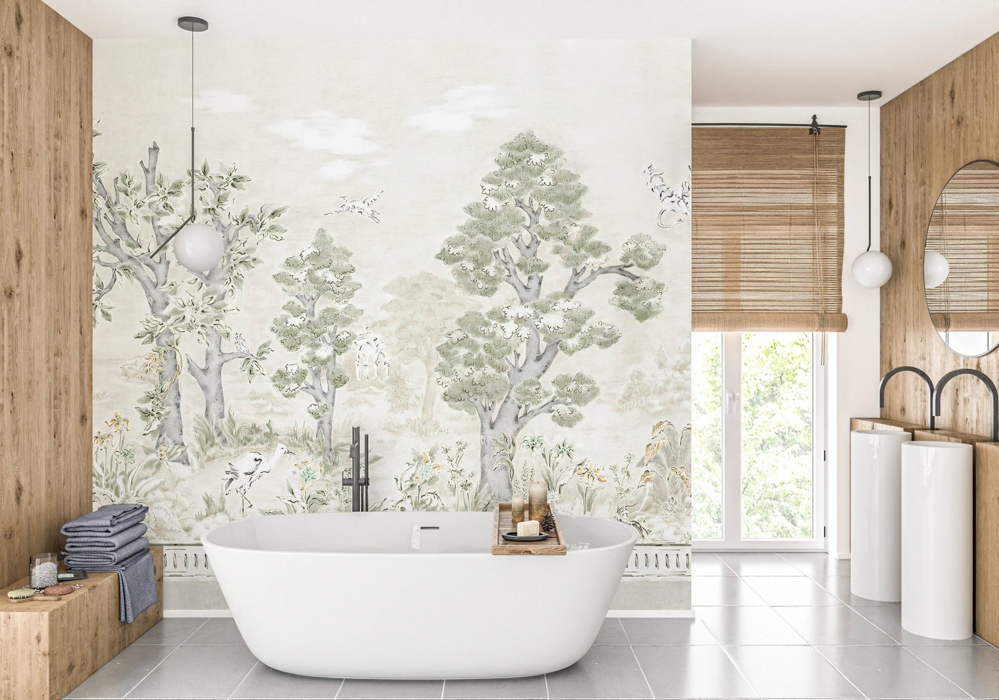 Bathroom wall decor with pastel tree canopy wall mural and white stone floors.