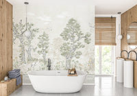 Bathroom wall decor with pastel tree canopy wall mural and white stone floors.