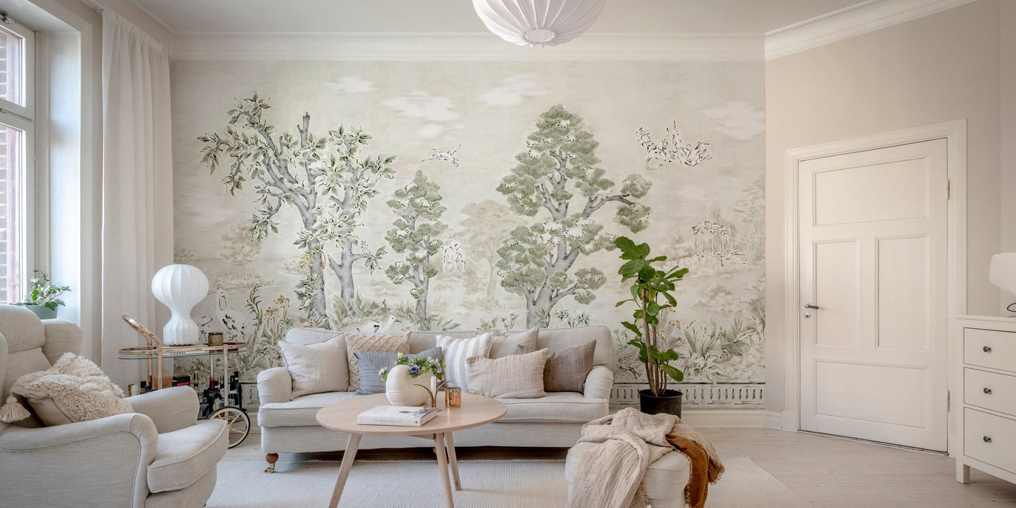 Nature themed tree wall mural with bird illustrations in a minimalist living area.