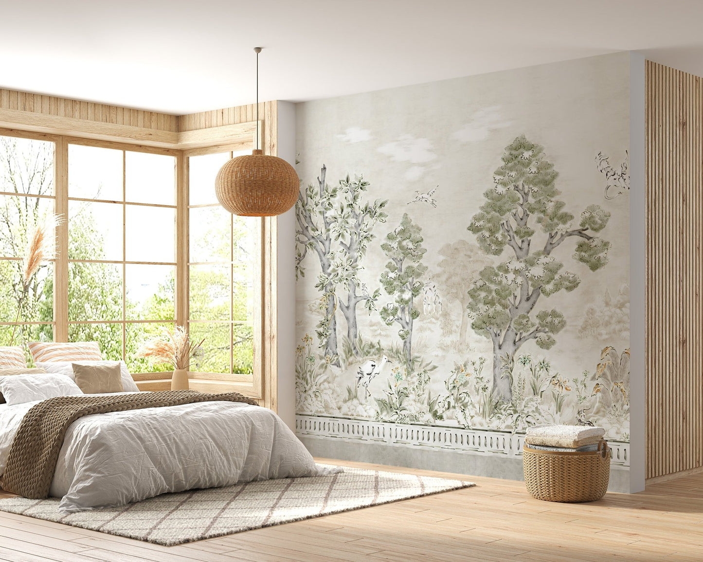 Sunlit bedroom featuring pastel tree canopy wall murals and wooden furniture.