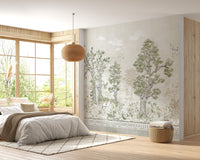 Sunlit bedroom featuring pastel tree canopy wall murals and wooden furniture.