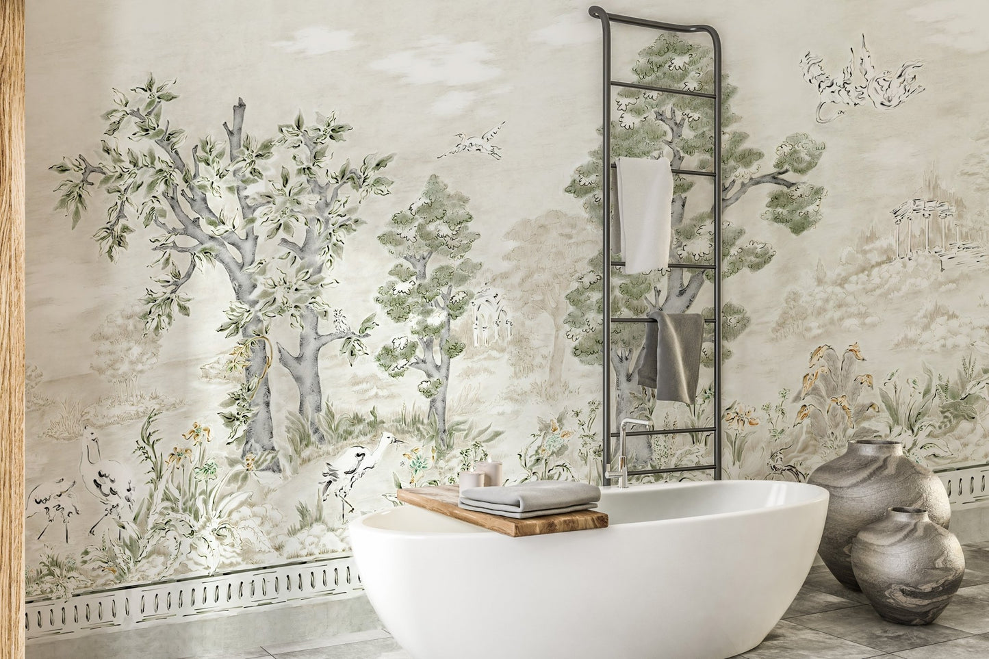 Pastel tree canopy wall murals in a bathroom with a white freestanding tub.