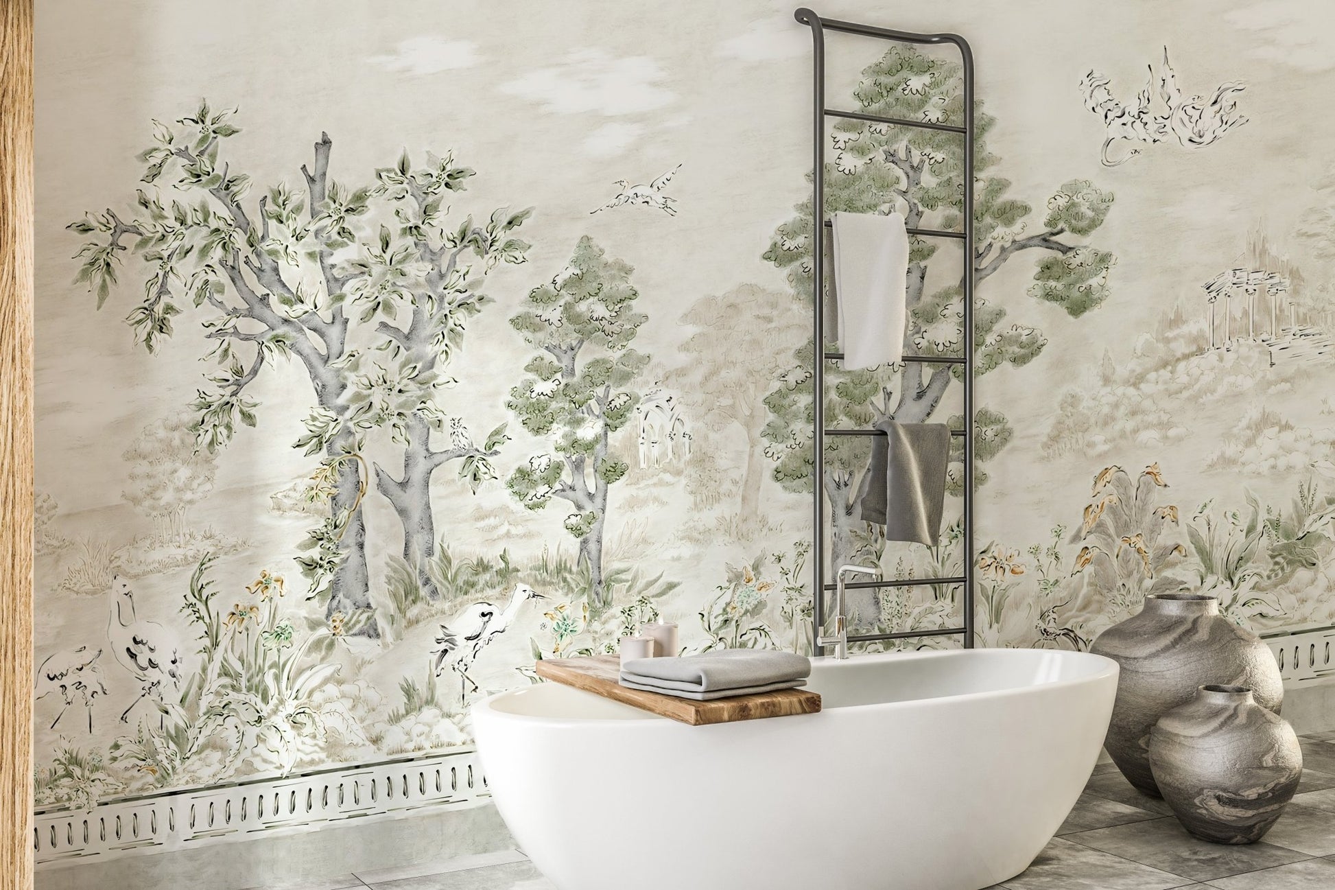 Pastel tree canopy wall murals in a bathroom with a white freestanding tub.