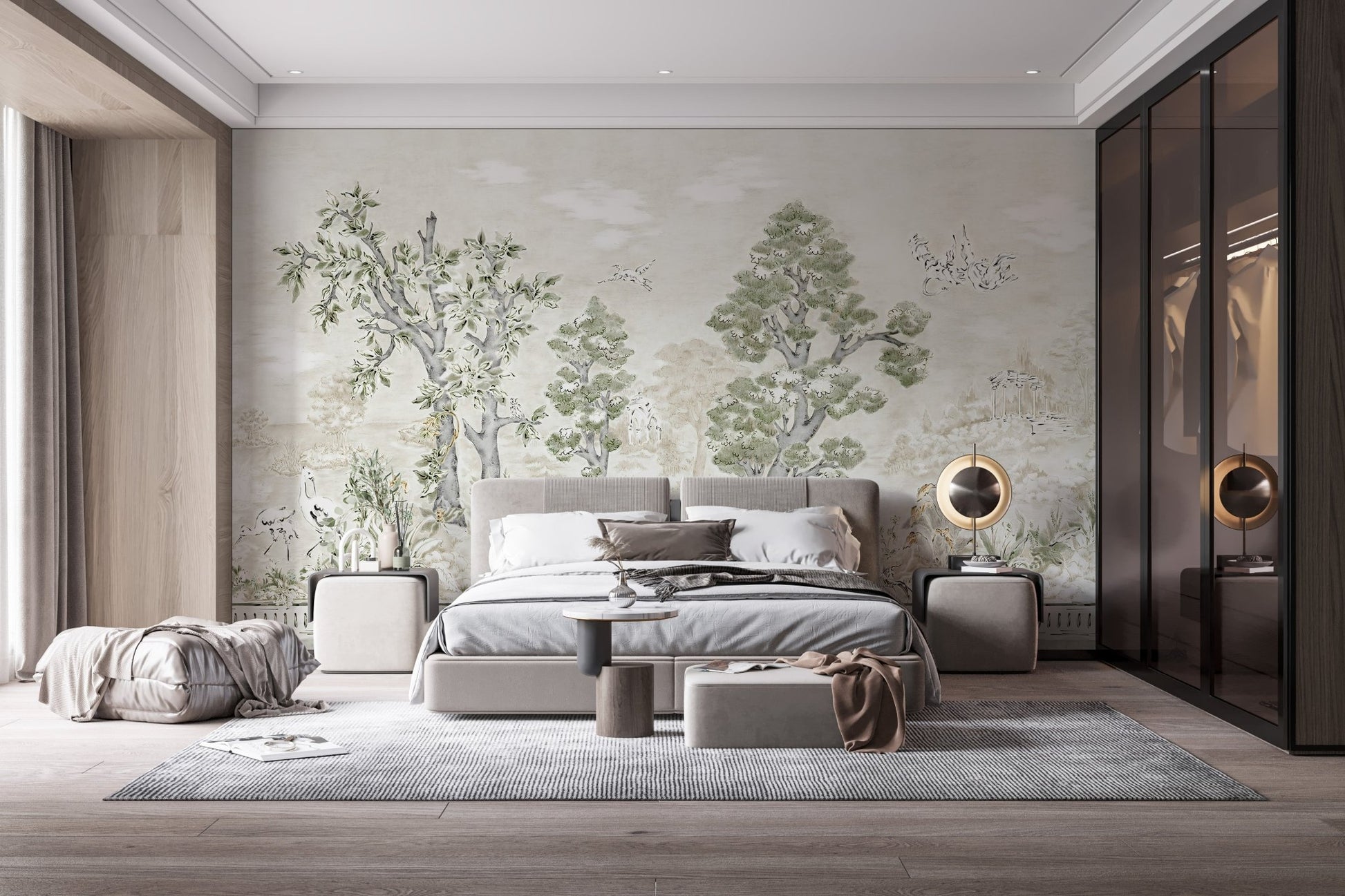 Artistic tree pattern mural for a feature wall in a master bedroom.