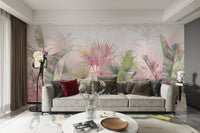 Tropical botanical wall mural with fan palm patterns in bright living room.