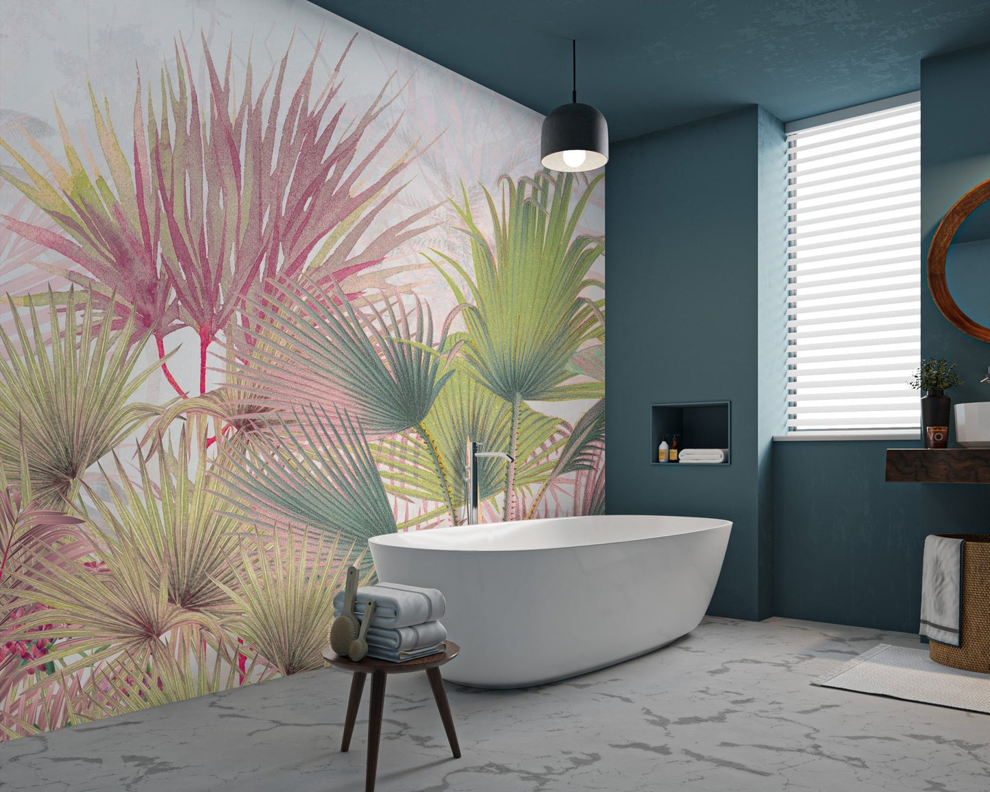 Muted pink tropical forest wall mural with detailed leaf illustrations.