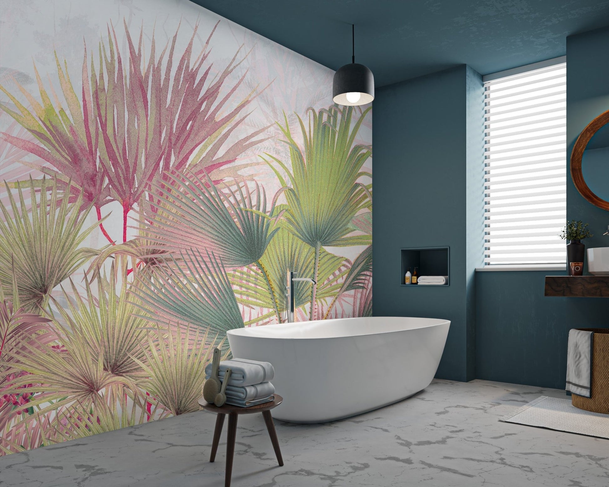 Muted pink tropical forest wall mural with detailed leaf illustrations.