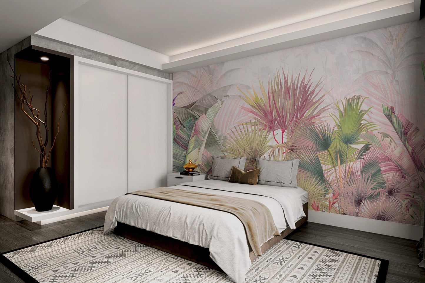 Banana leaf mural featuring pastel green and light purple tones.