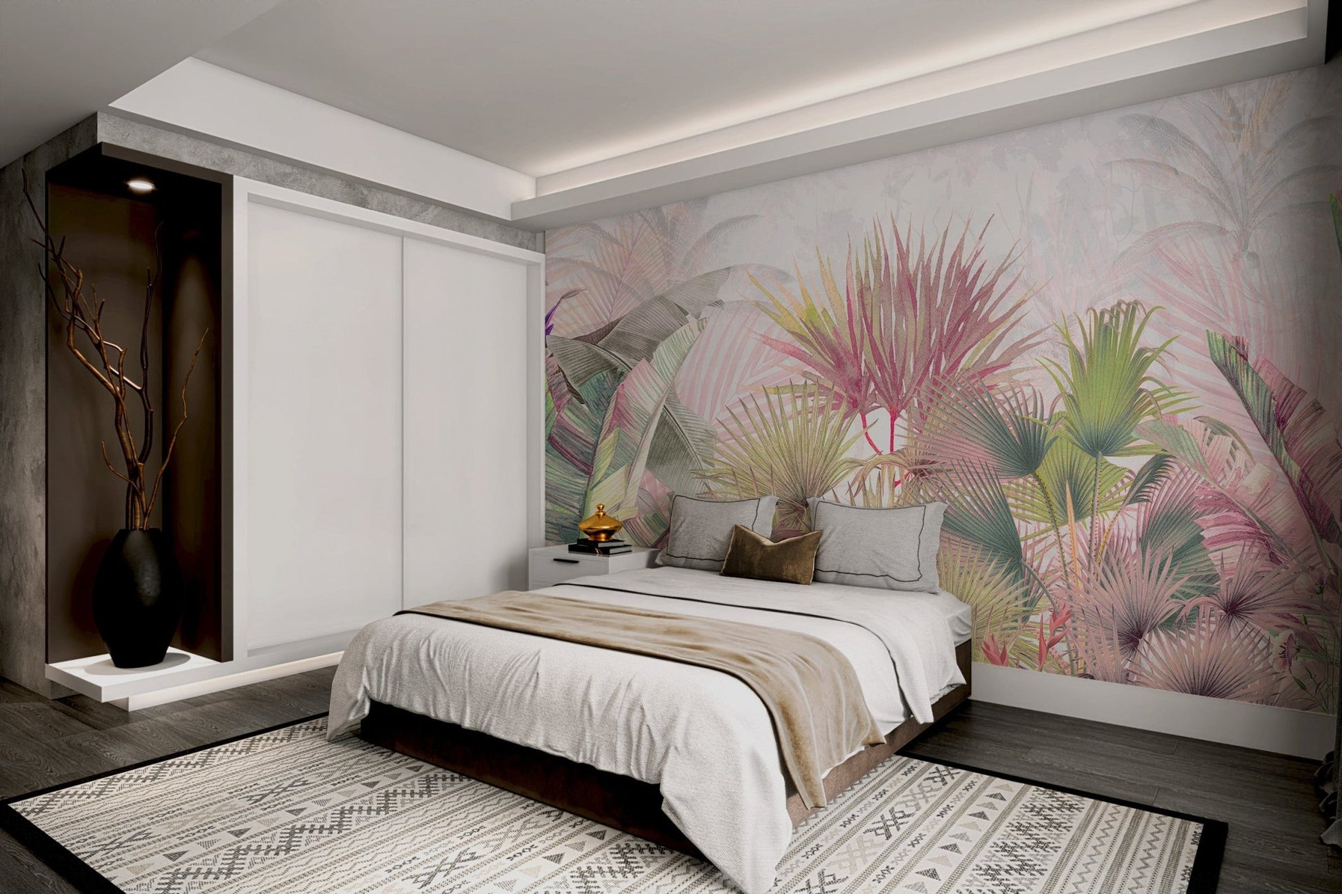 Banana leaf mural featuring pastel green and light purple tones.