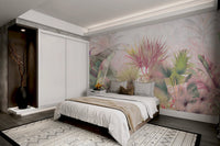Banana leaf mural featuring pastel green and light purple tones.
