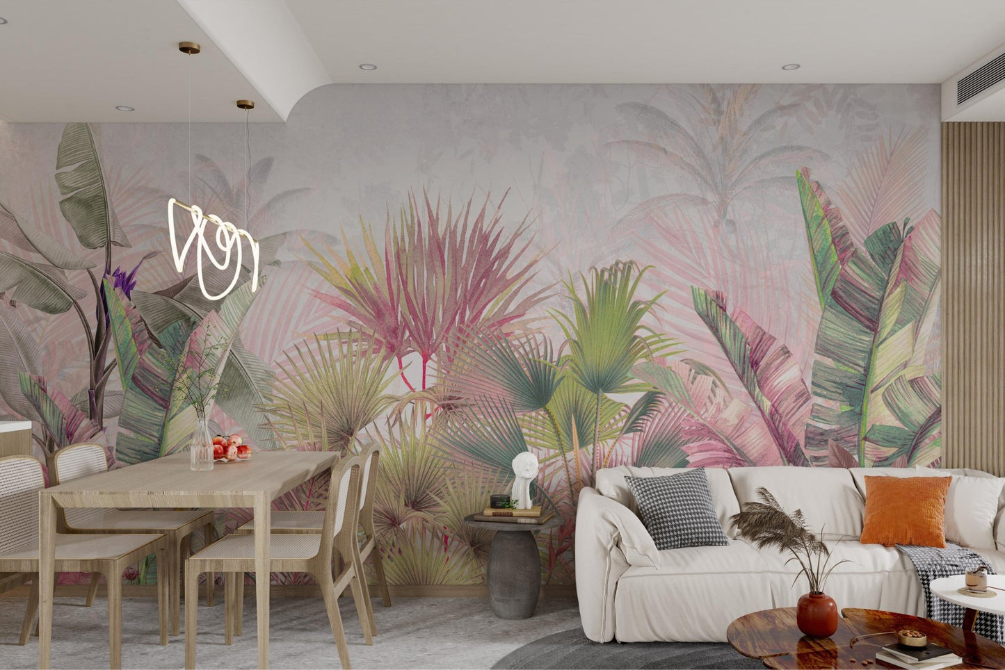 Pastel Tropical Palm and Banana Leaves mural for a bright lounge area.