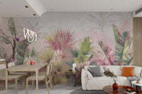 Pastel Tropical Palm and Banana Leaves mural for a bright lounge area.