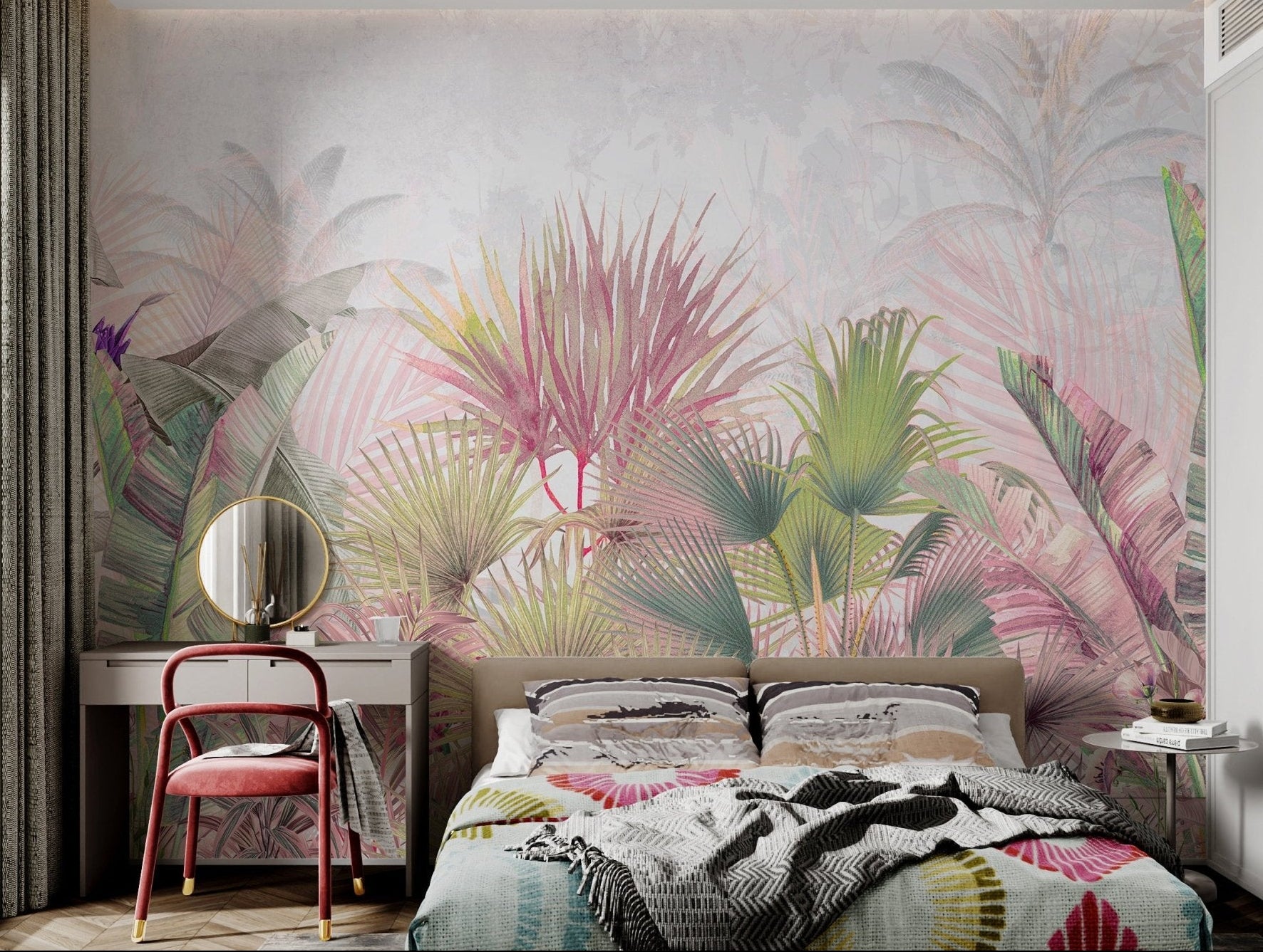 Soft pink palm leaf wall mural for a modern minimalist bedroom interior.