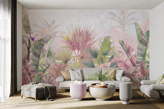Pastel Tropical Palm and Banana Leaves mural in a contemporary living room.