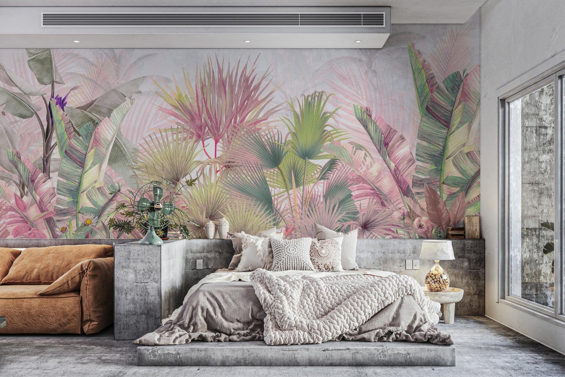 Tropical jungle wall mural with soft pastel shades and a textured look.