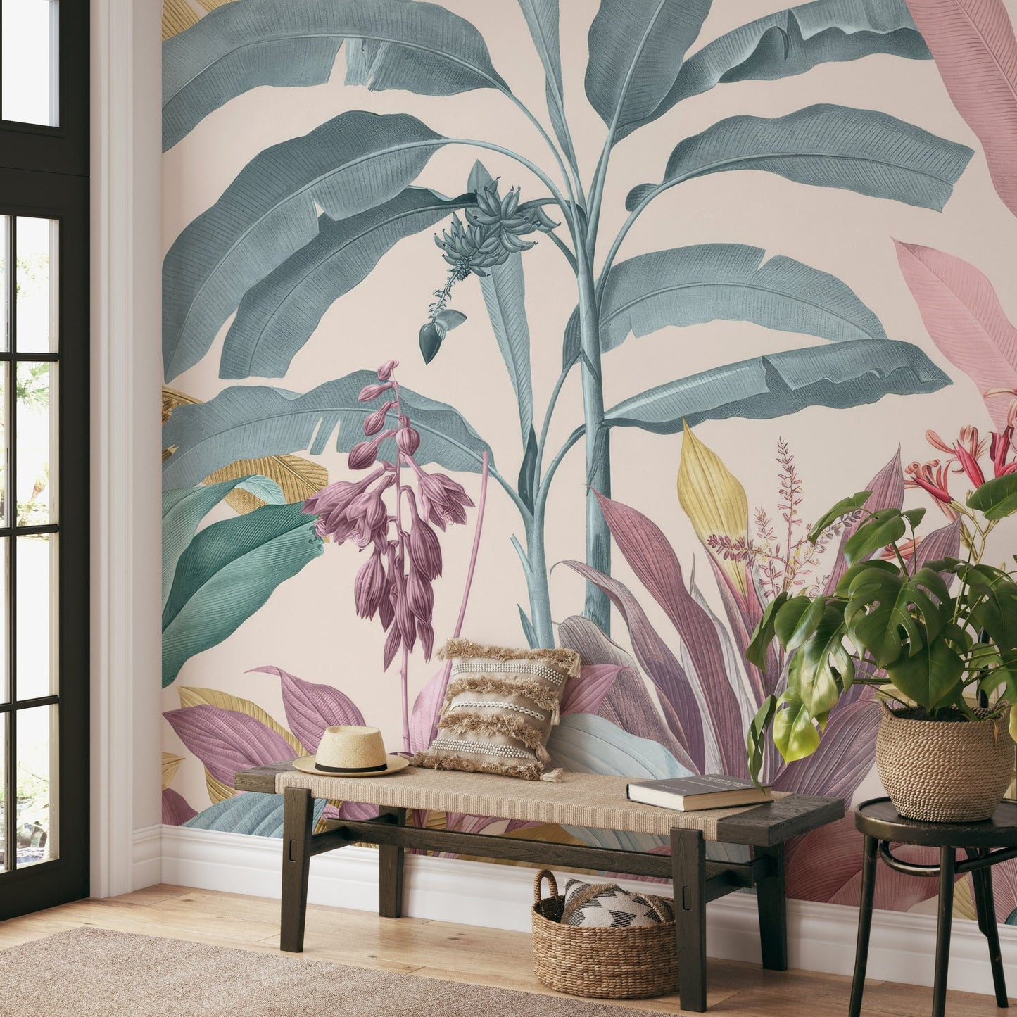 Subtle pastel tone tropical forest wall mural with yellow and blue leaves