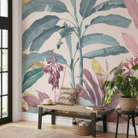 Subtle pastel tone tropical forest wall mural with yellow and blue leaves