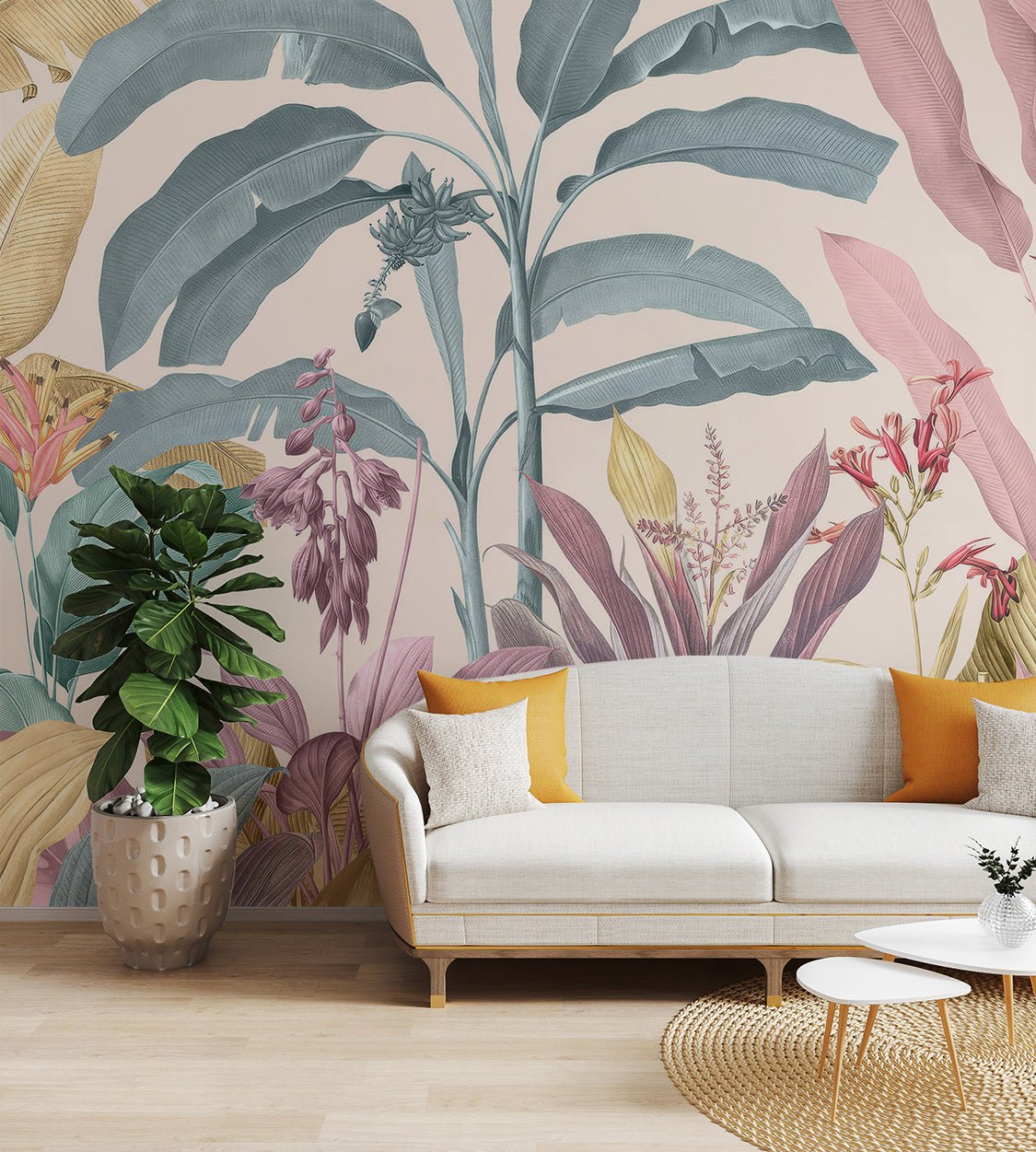Pastel tropical plant wall mural in light blue and beige neutral colors