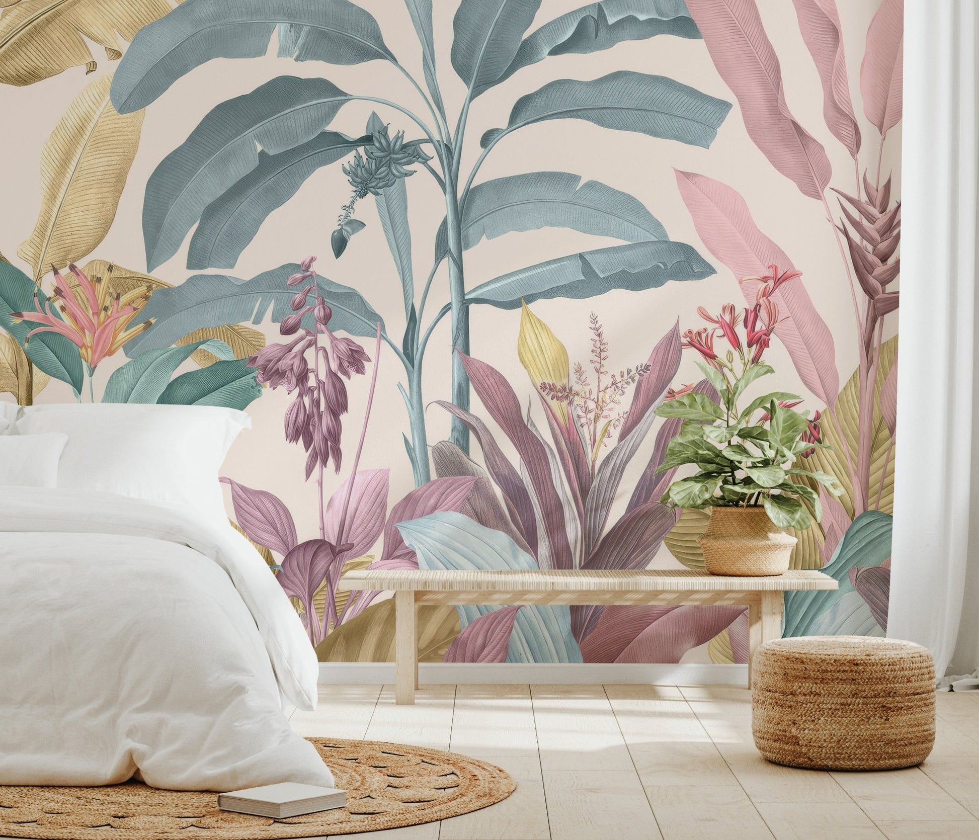 Pastel botanical mural featuring exotic plants and flowers for bedroom.