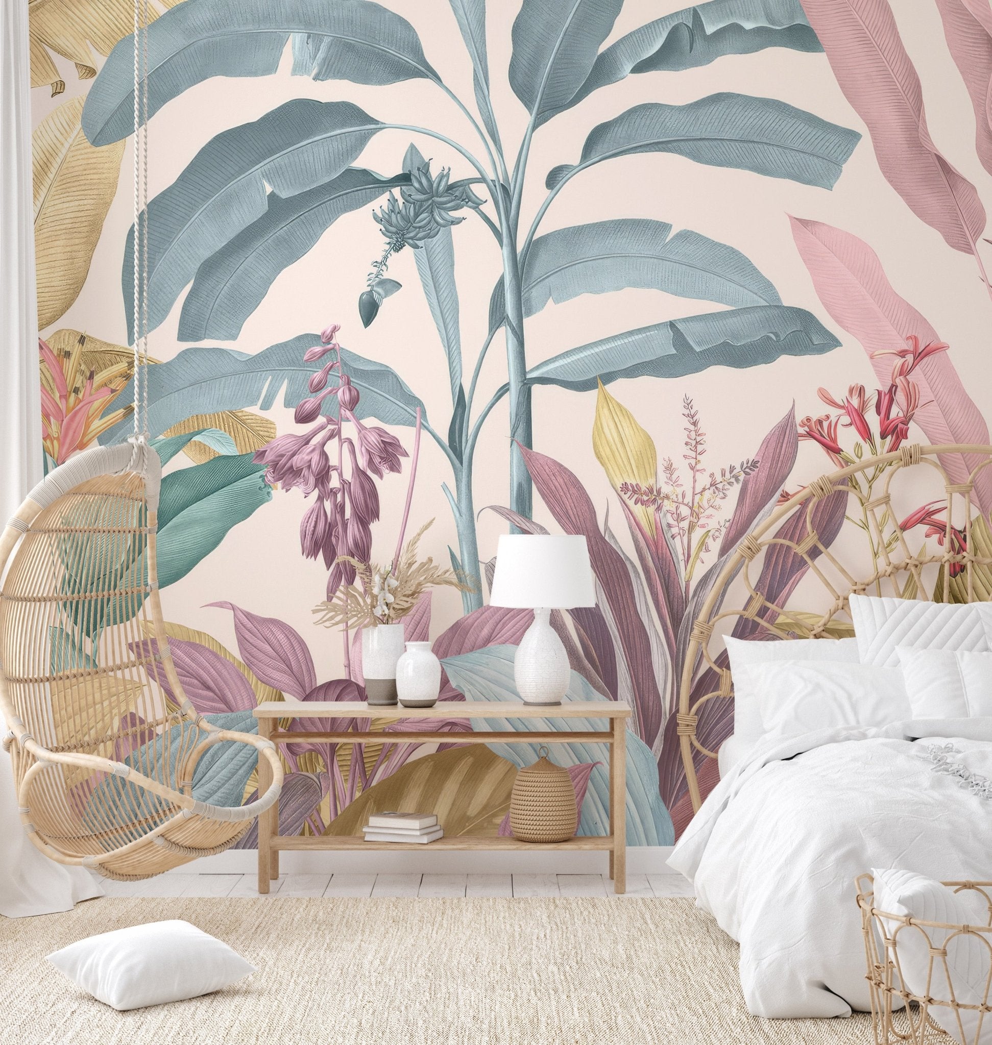 Floral and botanical tropical wall mural with pastel shades for bright bedroom.