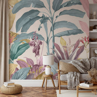 Pink flamingo flowers and blue banana leaves wall mural illustration art