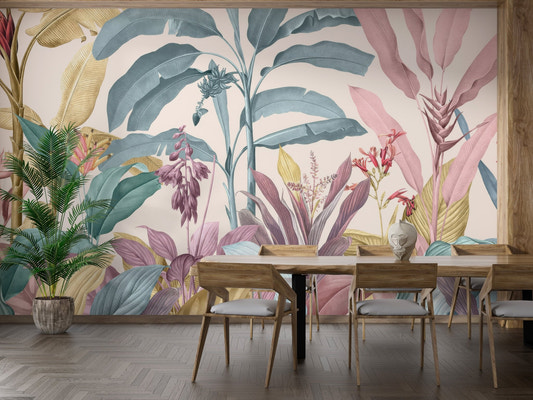 Soft tropical wall mural featuring botanical elements for dining room.