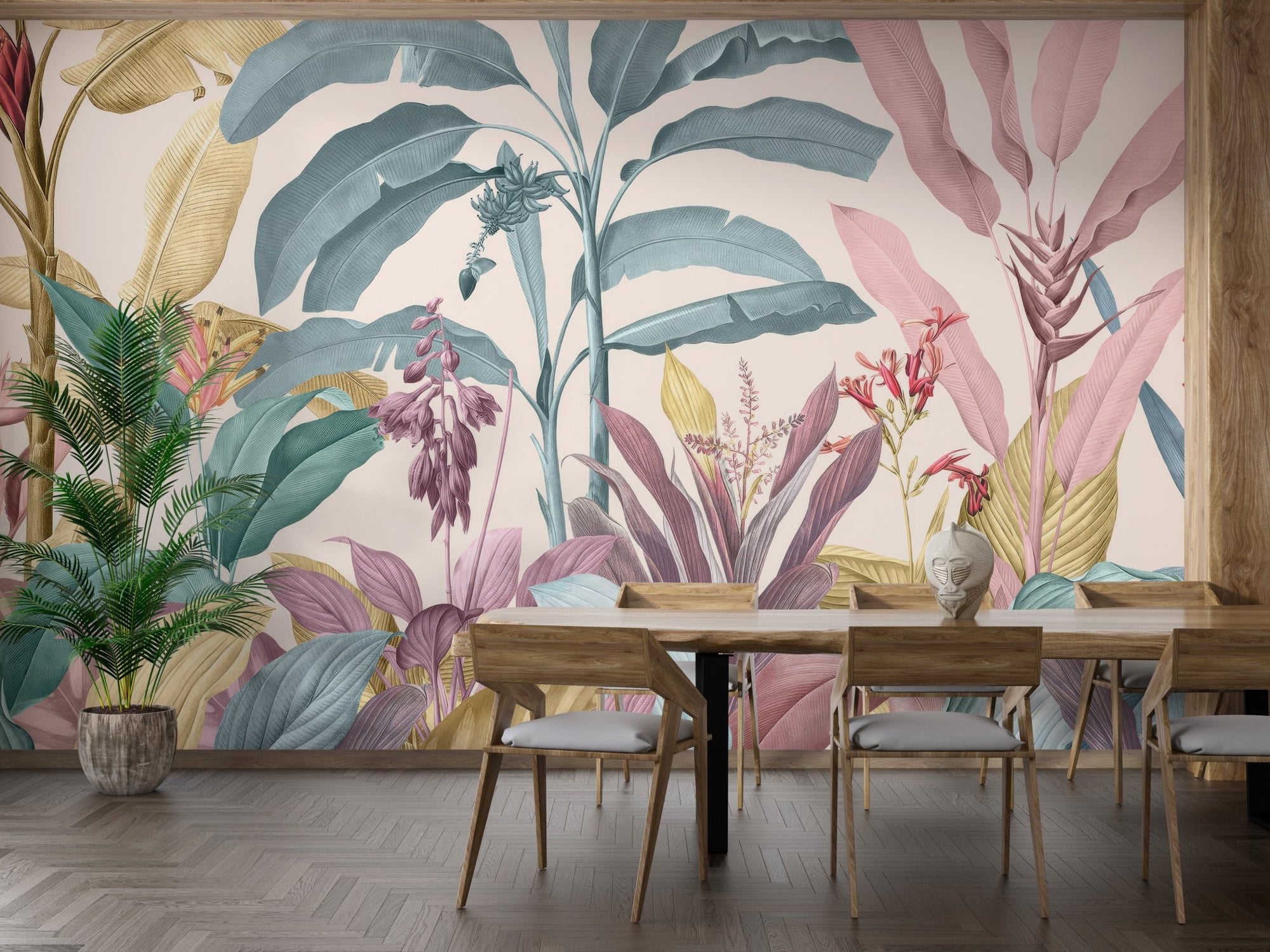 Soft tropical wall mural featuring botanical elements for dining room.