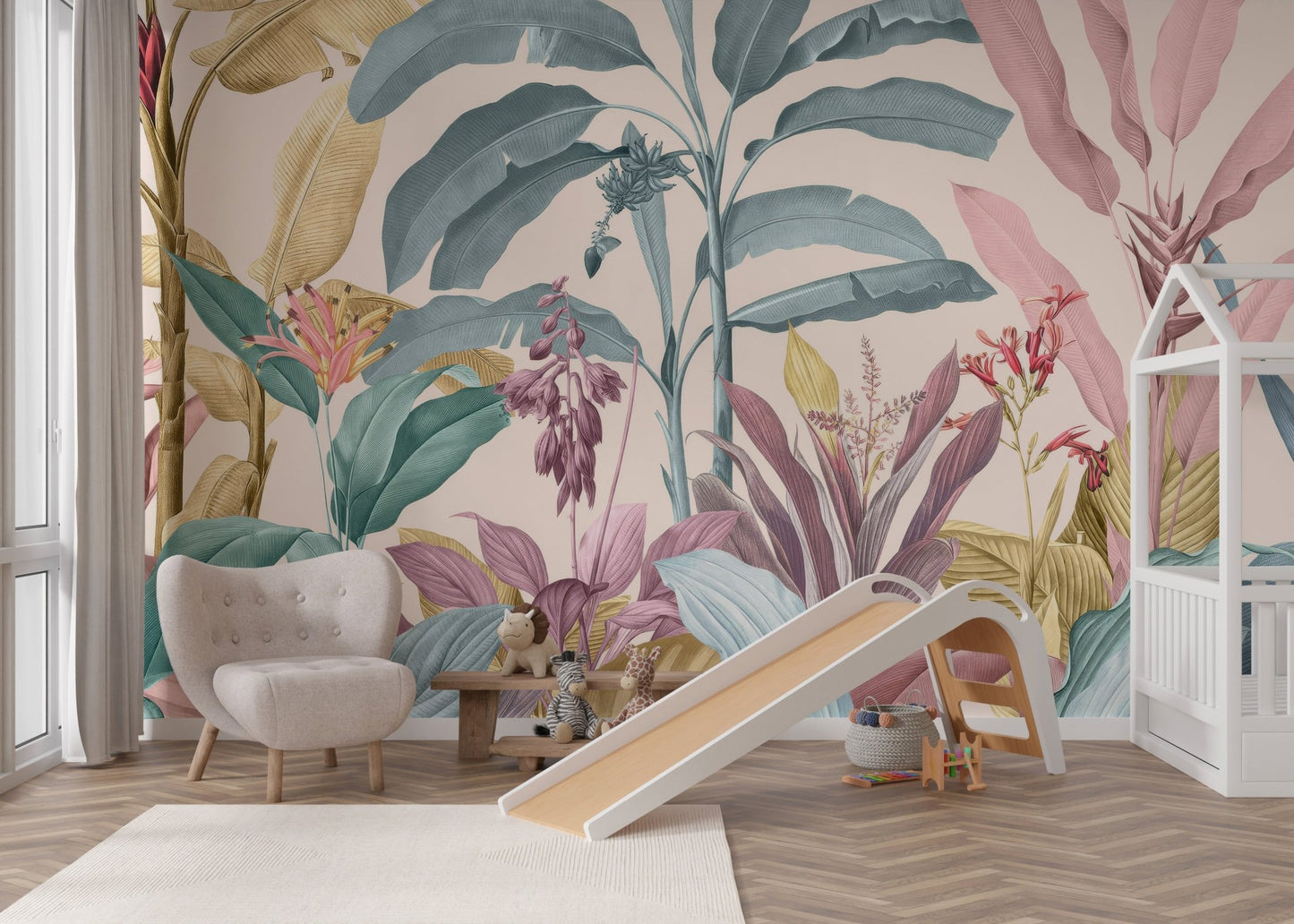 Elegant pastel botanical wall mural with tropical leaves and flowers for nursery.