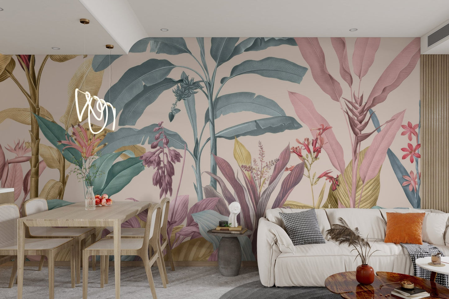 Pastel botanical wall mural with tropical leaves and flowers for modern indoor.