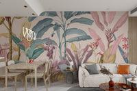 Pastel botanical wall mural with tropical leaves and flowers for modern indoor.