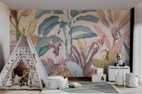 Tropical plant mural in pastel shades of blue, pink, and gold for kids playroom.