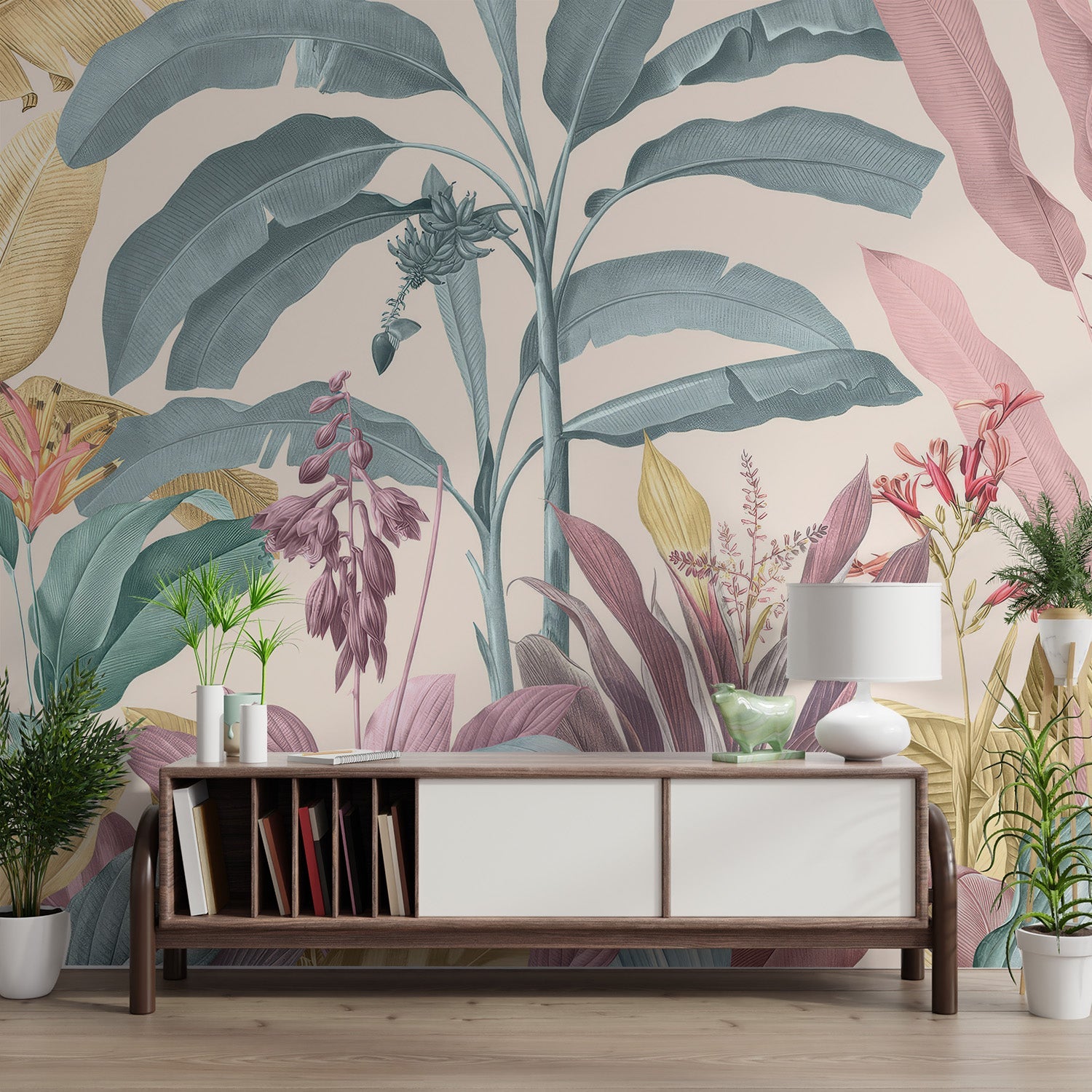 Tropical botanical leaves wall mural featuring soft pink and cream tones