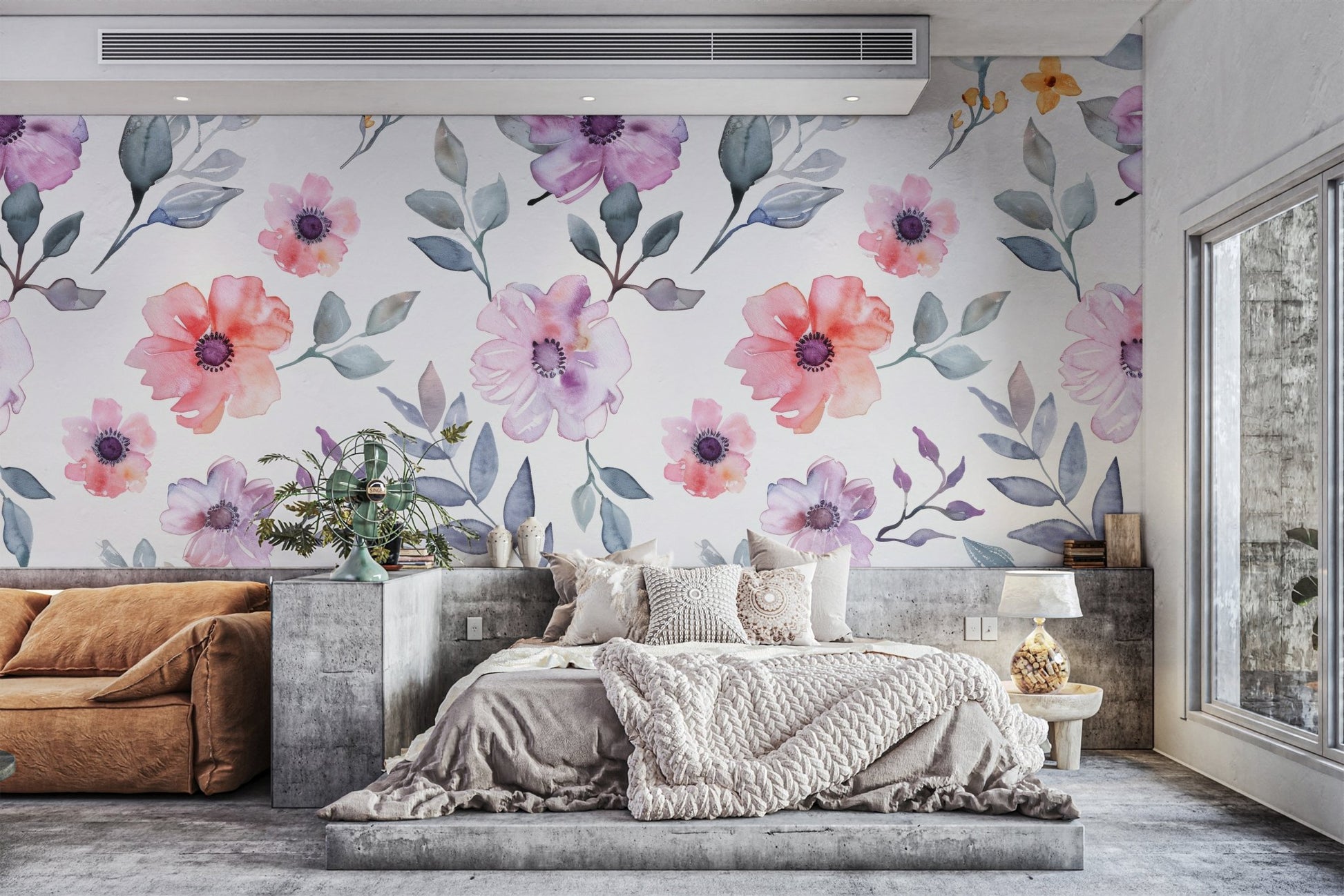 Muted purple anemone style flower wall mural for home decor.