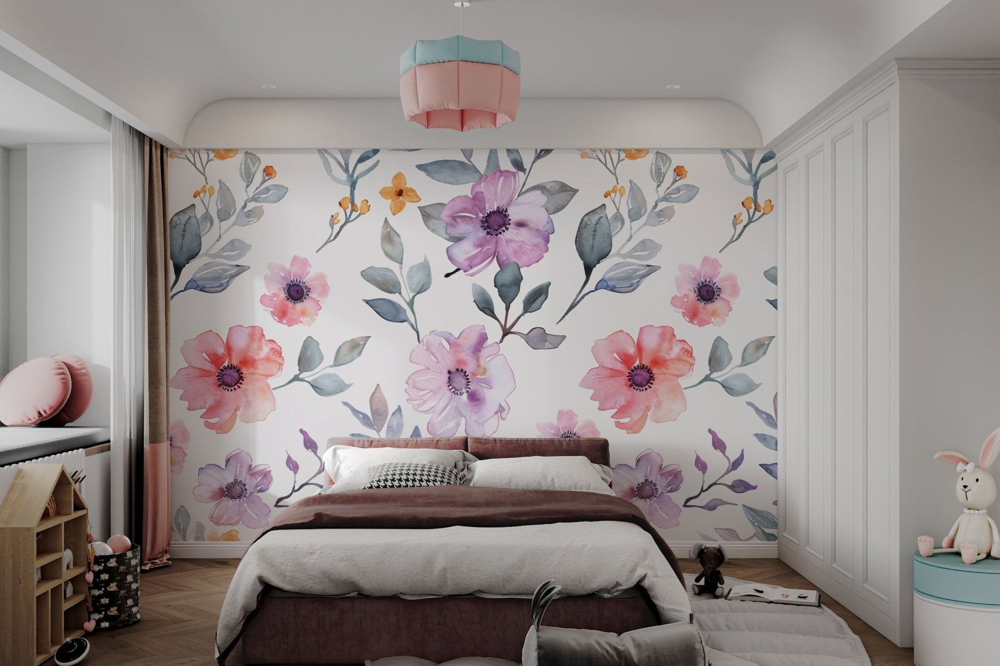 Artistic watercolor blossom wall mural with organic shapes.