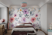 Artistic watercolor blossom wall mural with organic shapes.