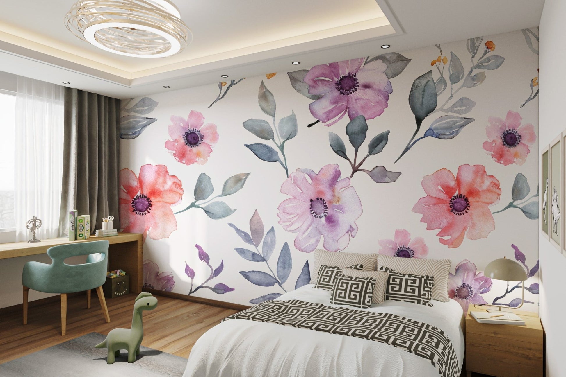 Elegant botanical watercolor wallpaper featuring mauve and orange flowers.