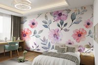 Elegant botanical watercolor wallpaper featuring mauve and orange flowers.