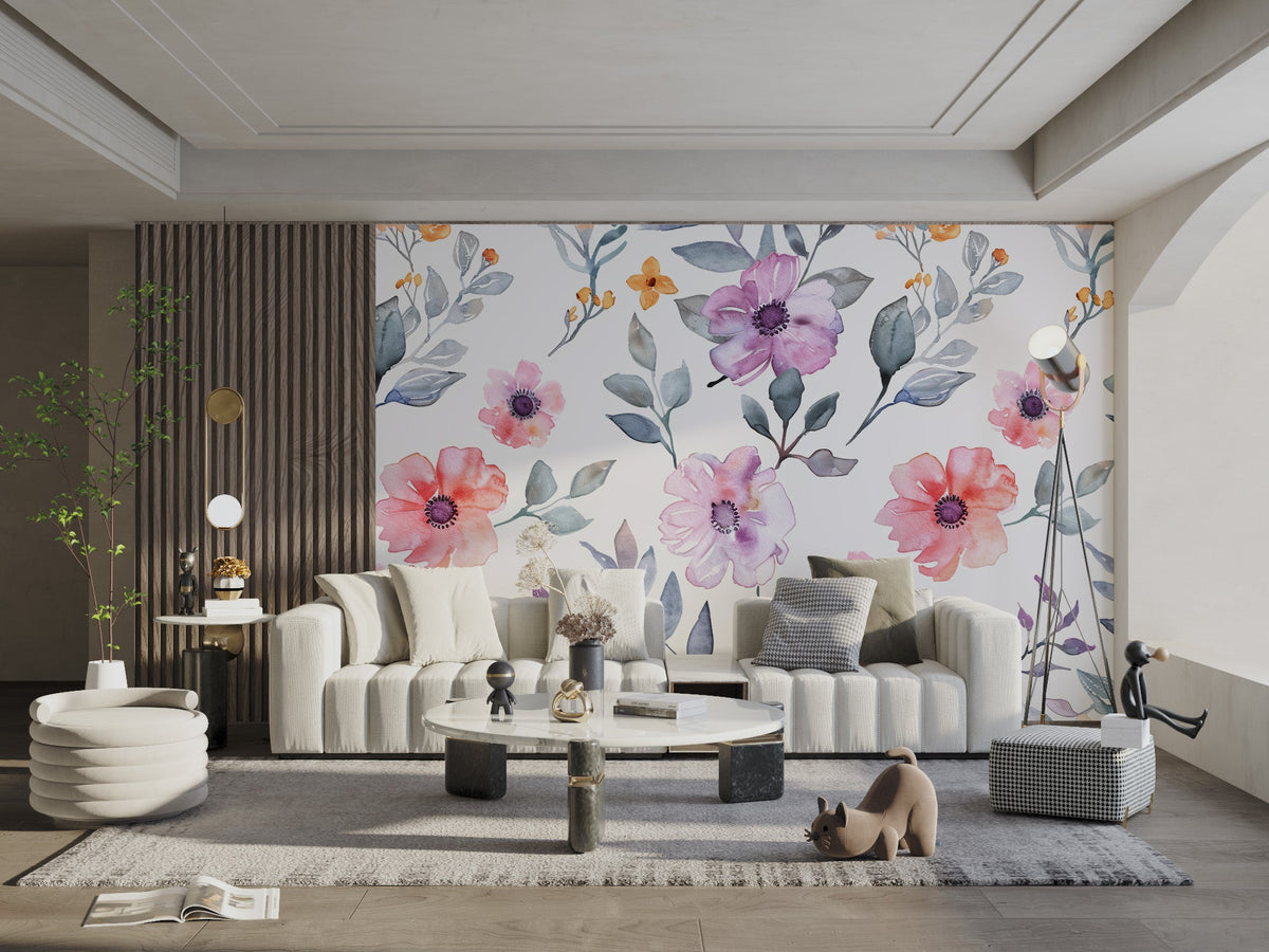 Seamless wildflower print wall mural with watercolor texture.