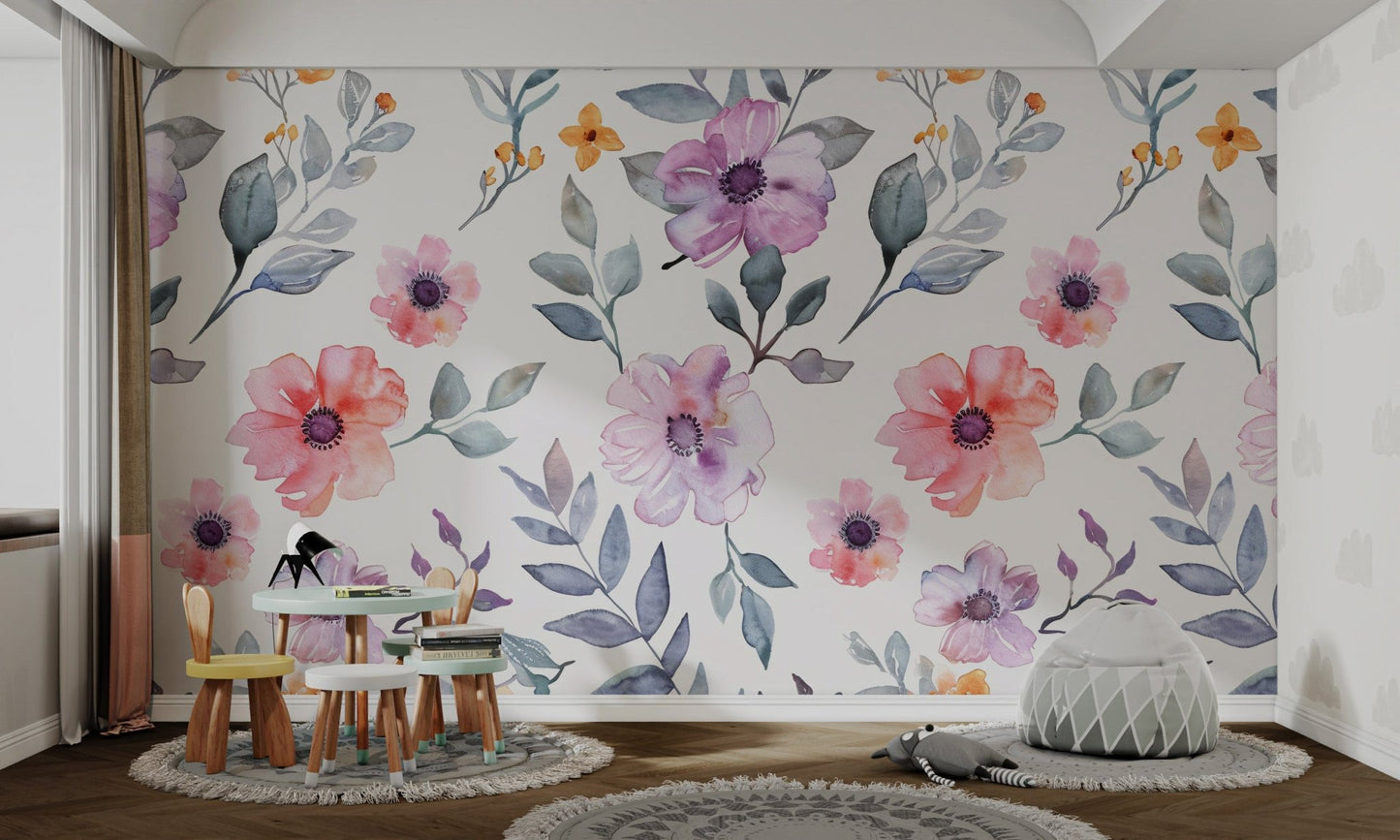 Delicate hand-painted petal patterns on pastel flower wall mural.