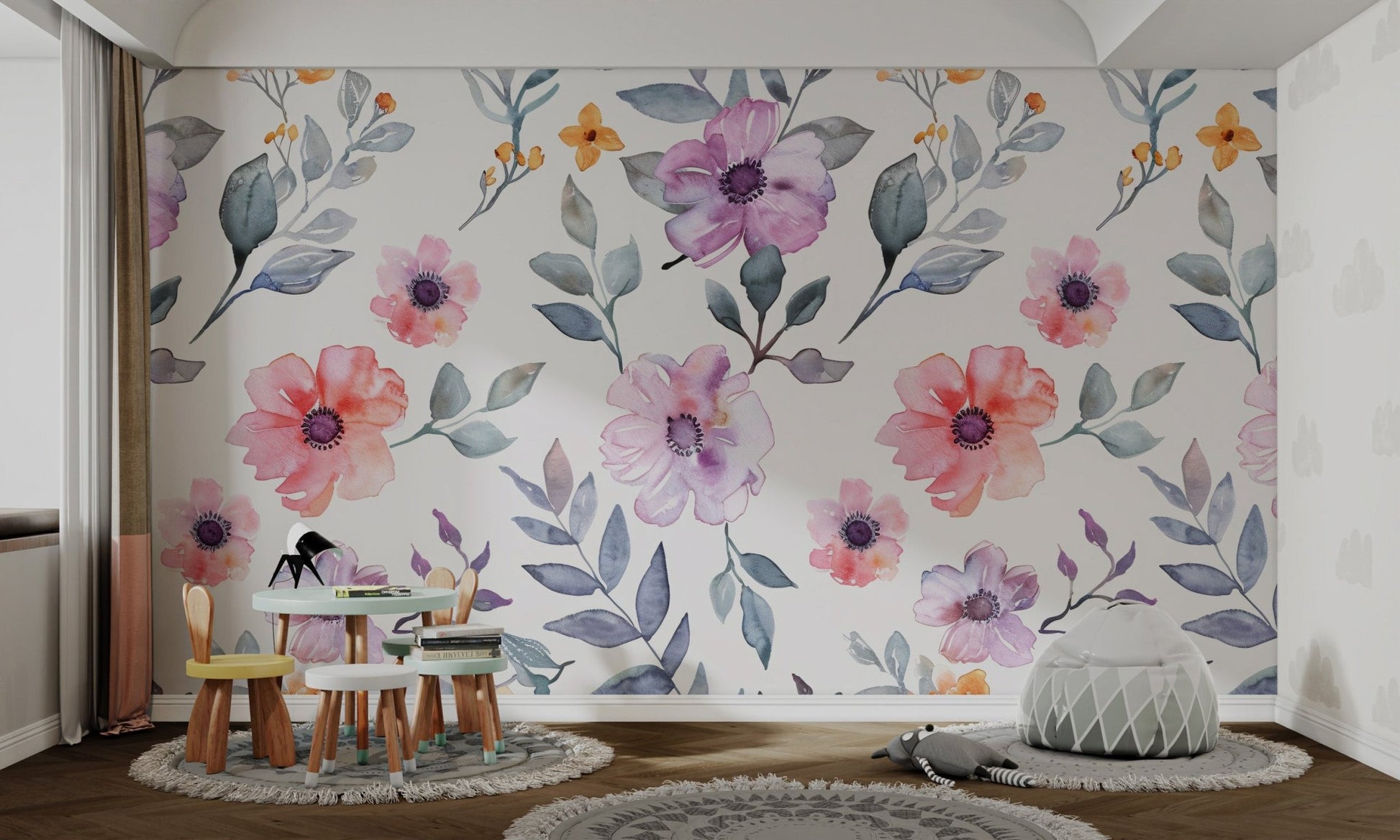 Delicate hand-painted petal patterns on pastel flower wall mural.