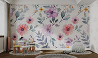 Delicate hand-painted petal patterns on pastel flower wall mural.