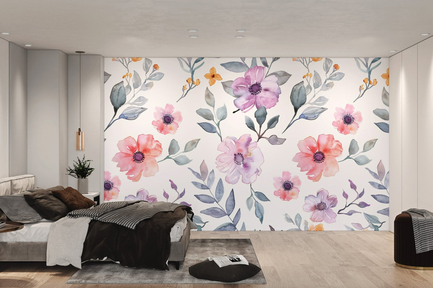 Soft lavender flower wallpaper with muted grey leaves