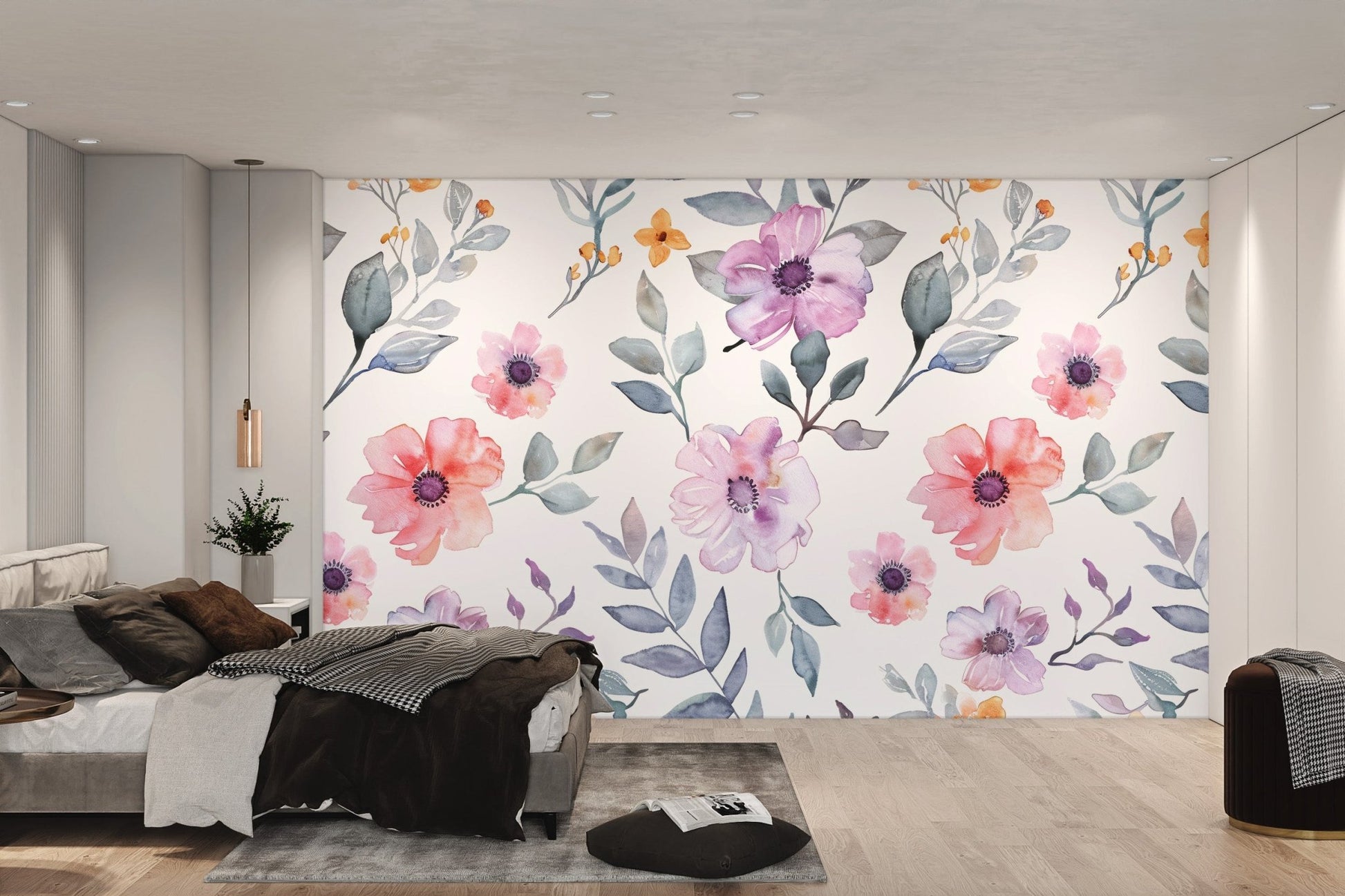 Soft lavender flower wallpaper with muted grey leaves