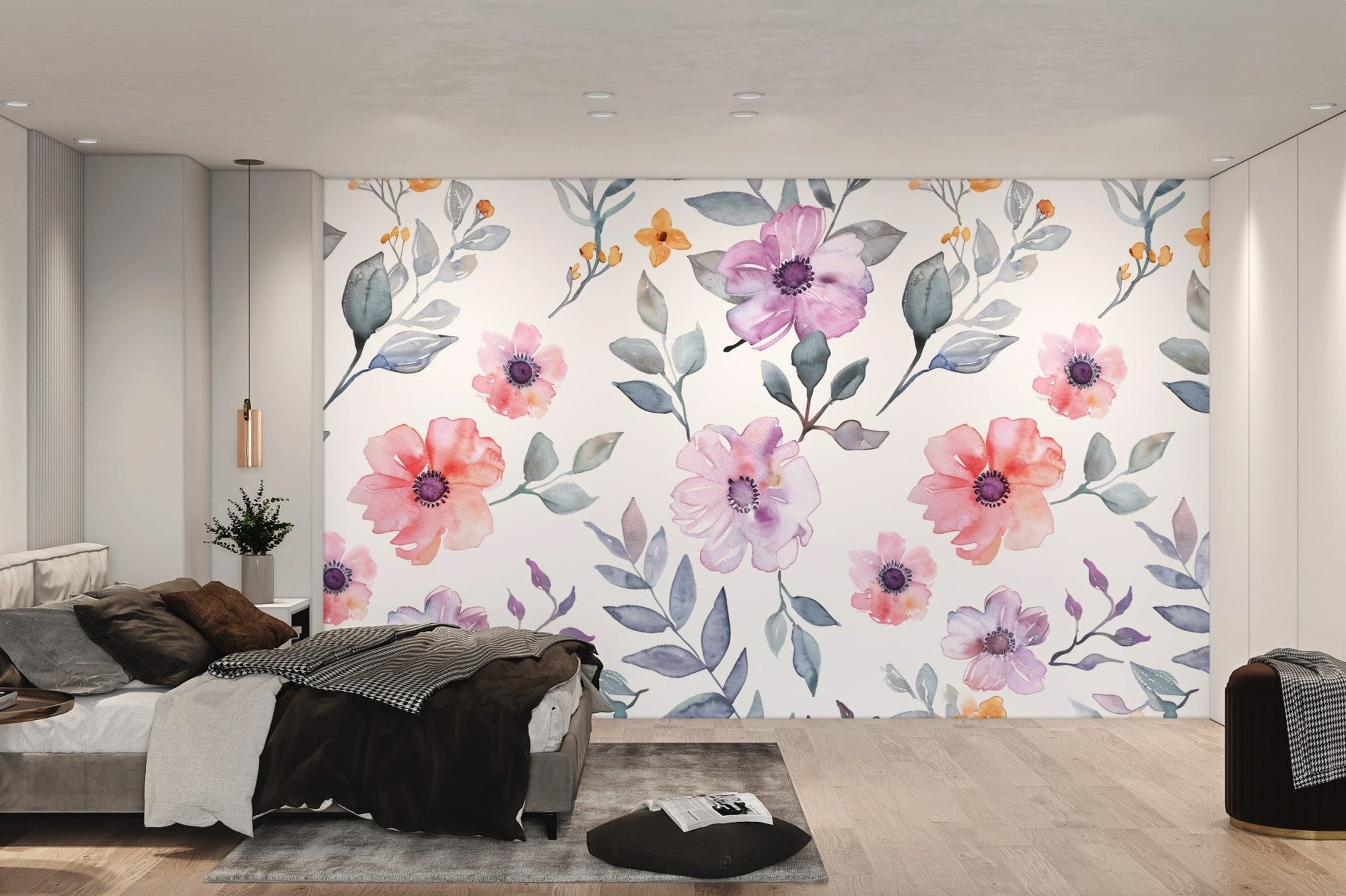 Soft lavender flower wallpaper with muted grey leaves