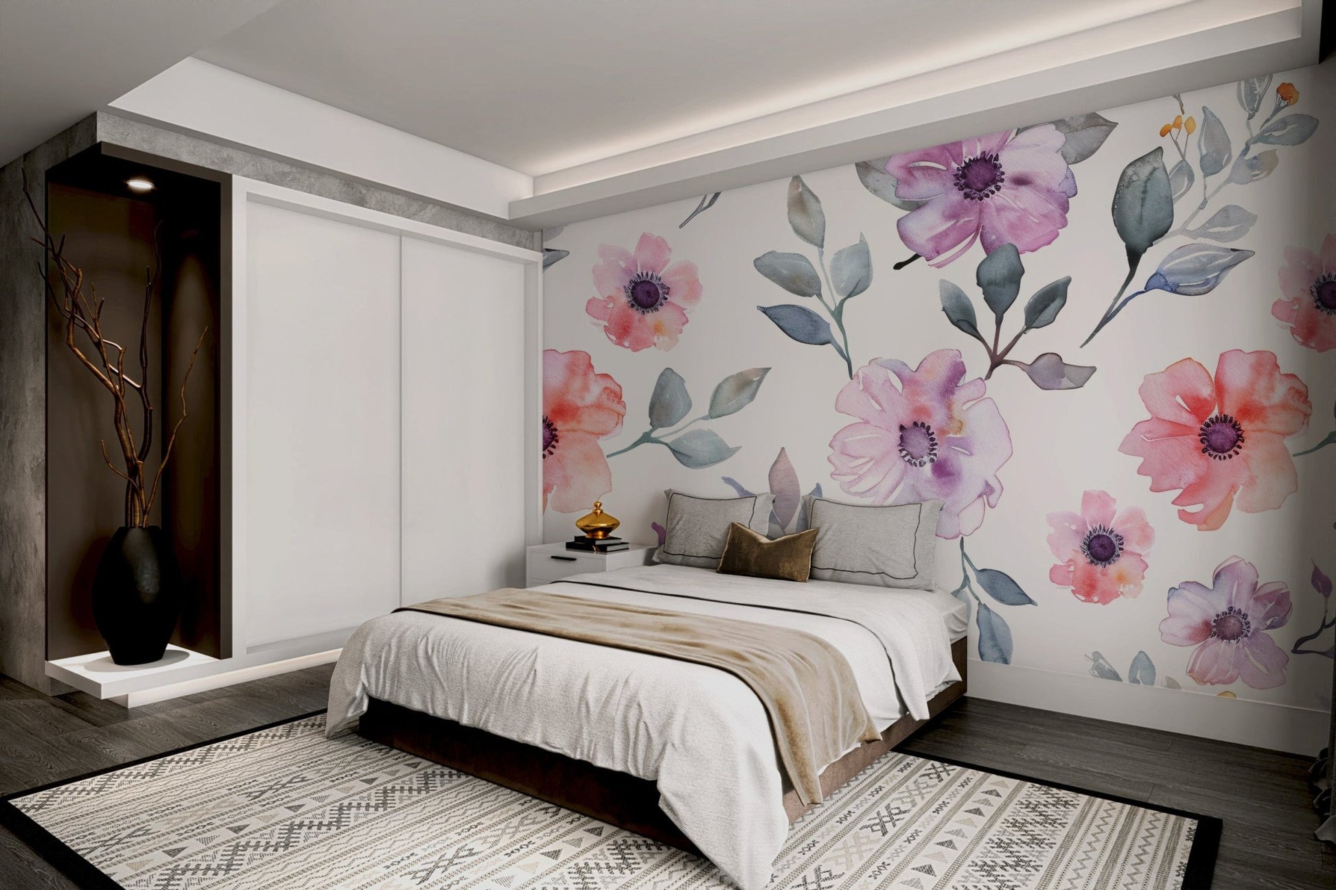 Feminine untamed flower print wallpaper in peach tones.