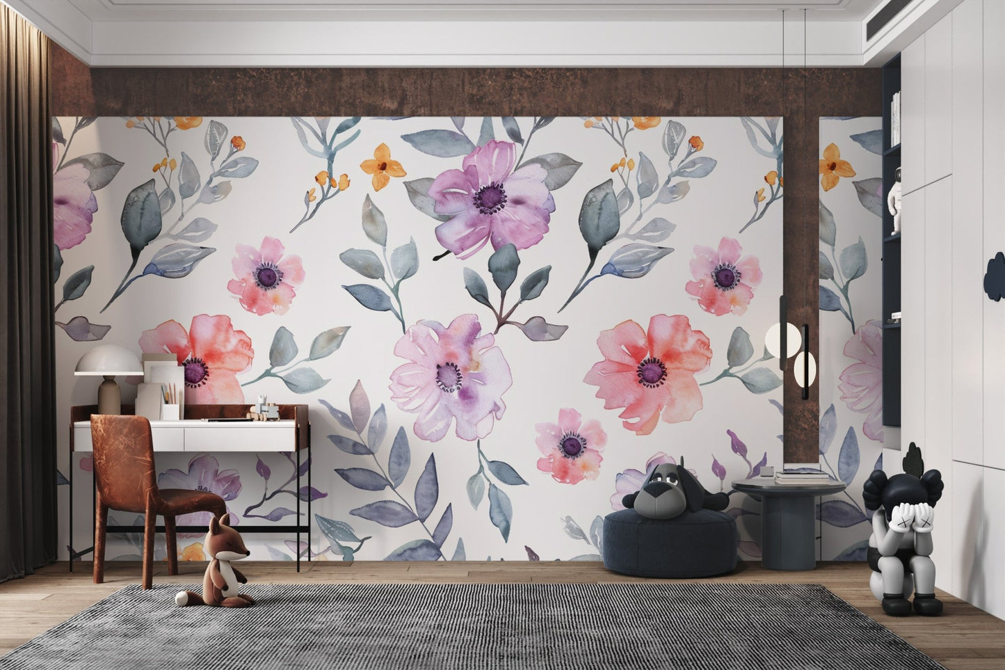 Pastel watercolor floral wall mural for calming spaces
